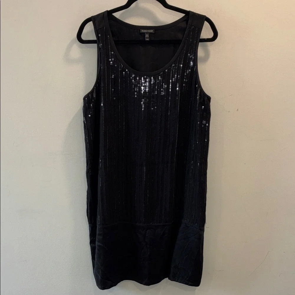 eileen fisher sequin dress Eileen Fisher Handkerchief Linen Sequin Silver Grey Sleeveless Tank Dress
